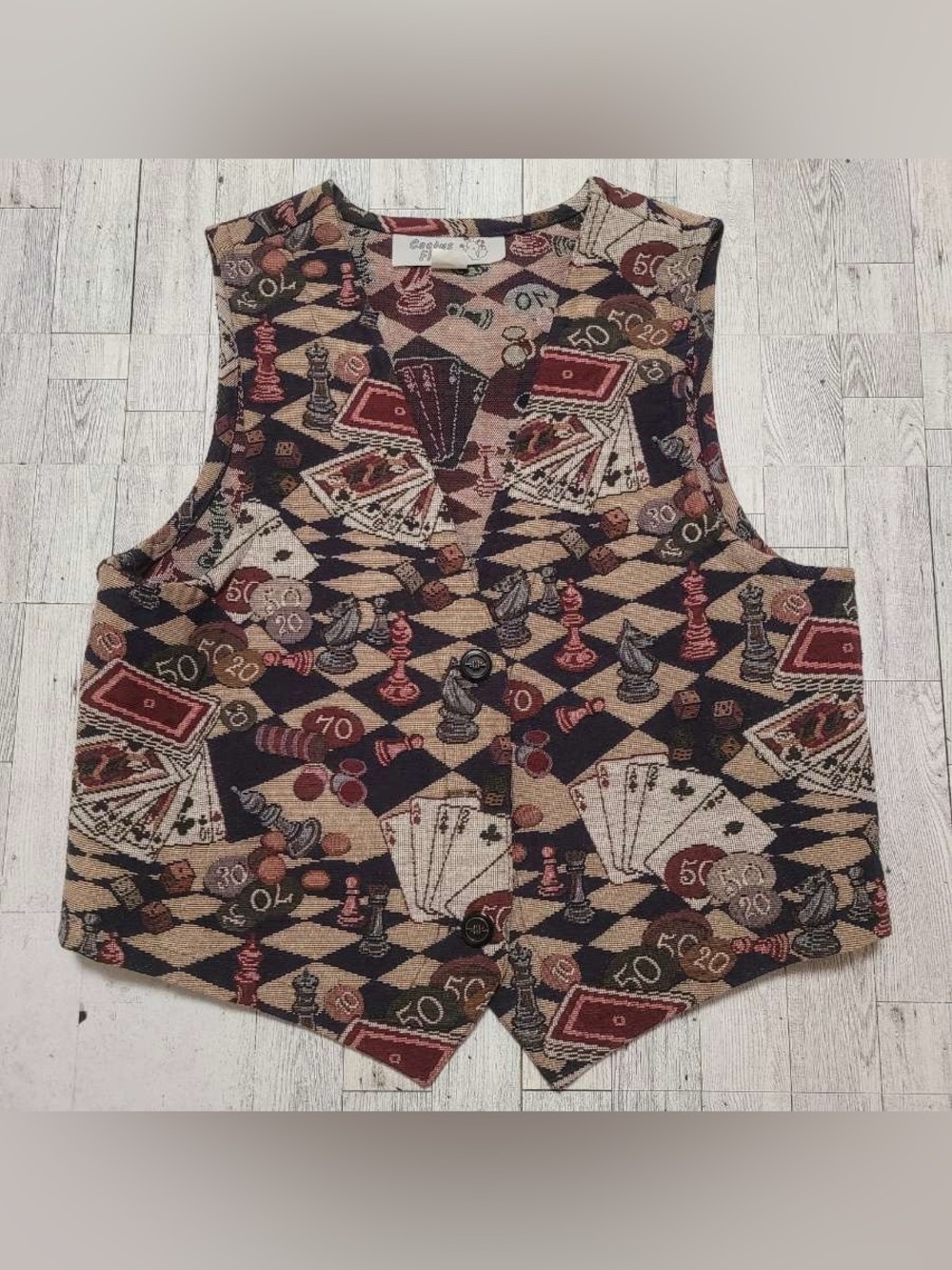 Women’s Cactus Flower Tan Chess Poker Card Game Night Fun Tapestry Vest Size L
